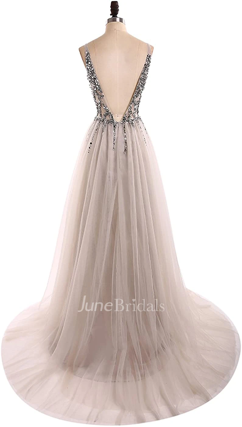 Romantic A Line V-neck Tulle Sleeveless Prom Dress