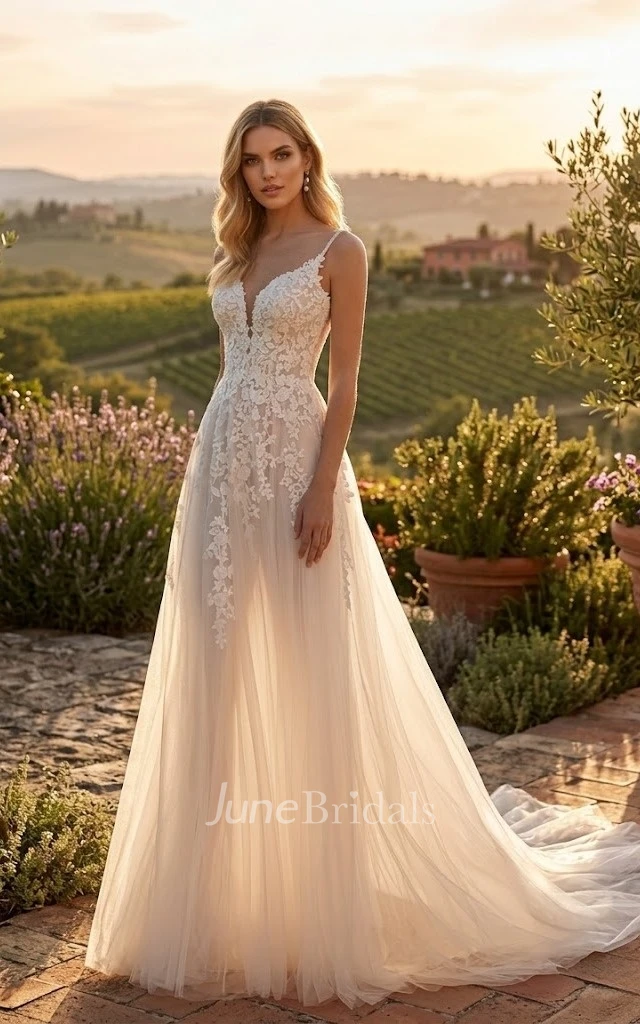 Country A-Line Lace Sleeveless Wedding Dress V-Neck Spaghetti Tulle Garden Gown with Open Back