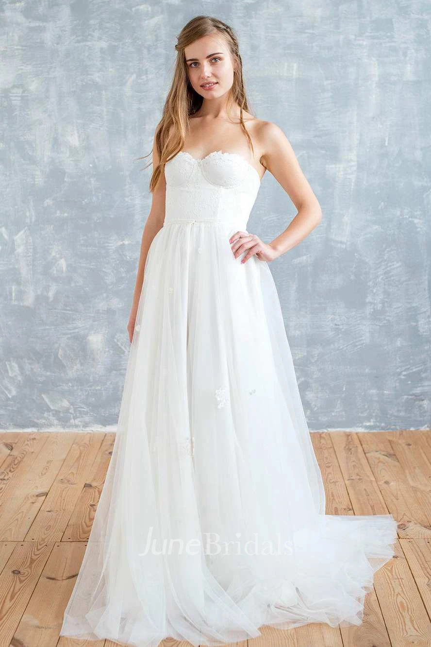 Sweetheart A-Line Tulle Chiffon Wedding Dress With Lace Top