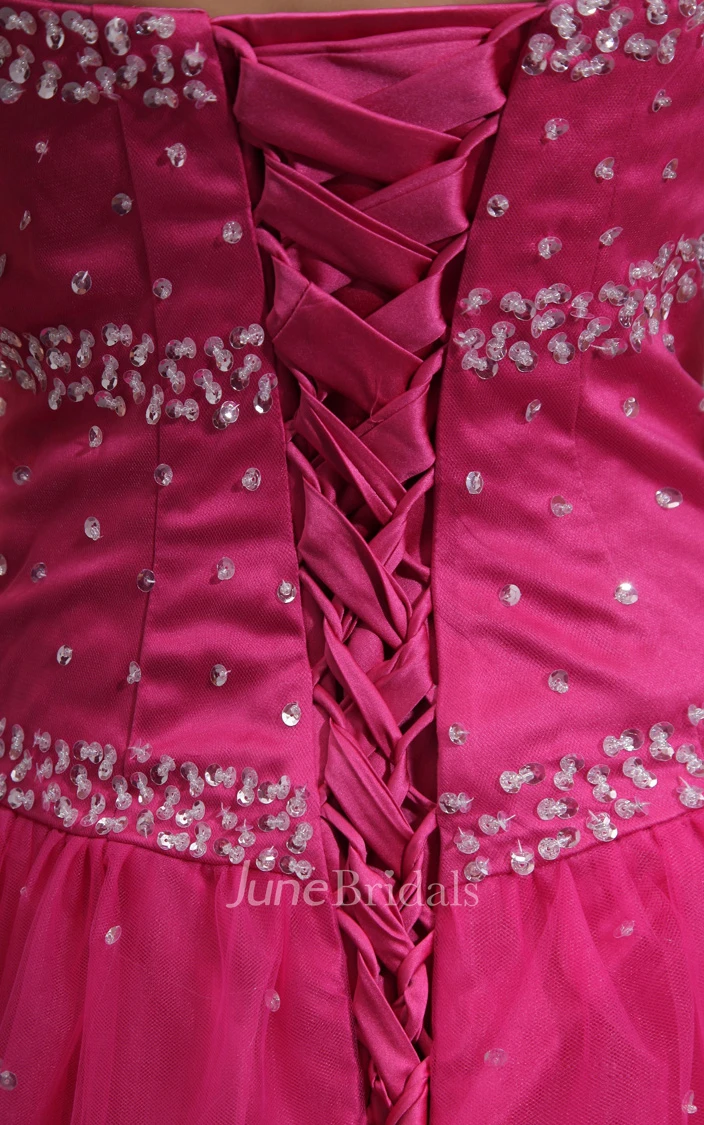 Glam Tulle Long Dress With Crystal Detailings And Lace-Up Back