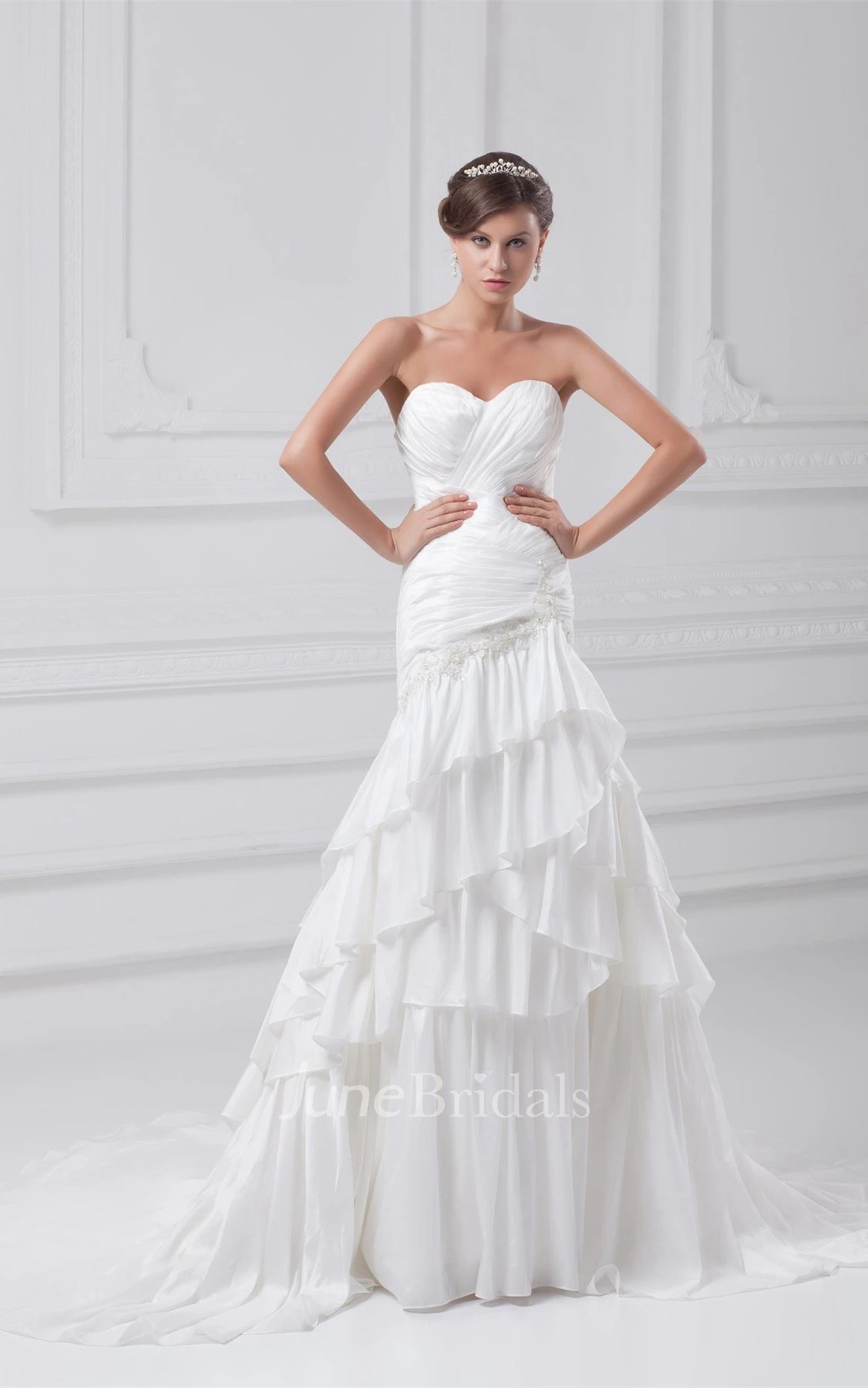 sweetheart mermaid chiffon gown with appliques and tiers