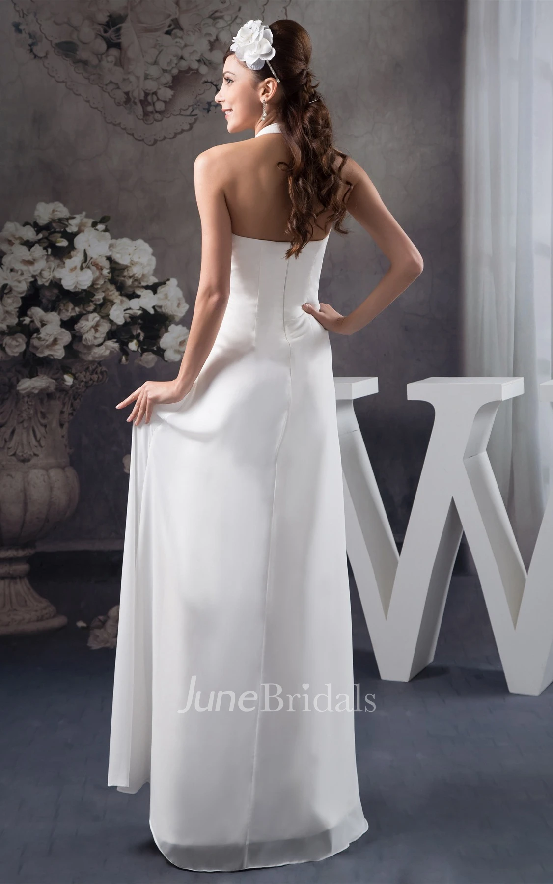 Chiffon Side-Draped A-Line Maxi Dress with Appliques and Halter
