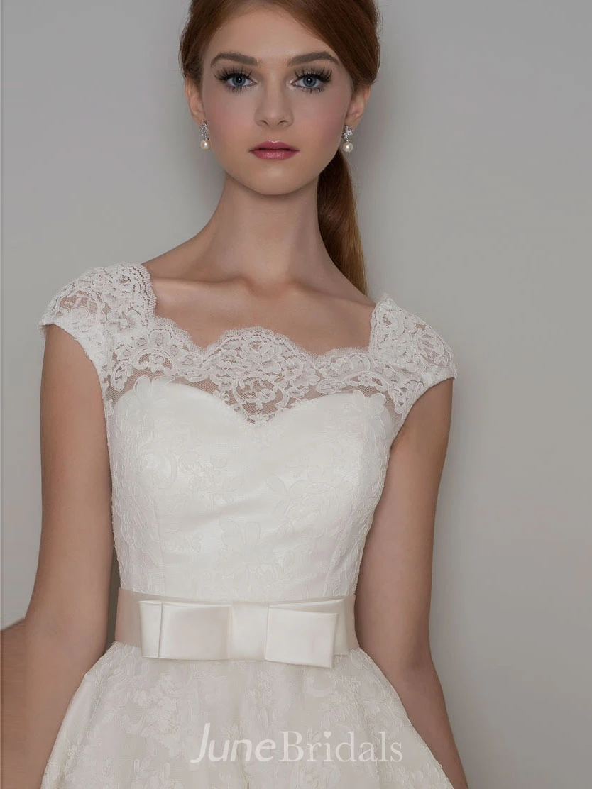 Tea-Length A-Line Cap Sleeve Square Neck Ribboned Lace Wedding Dress