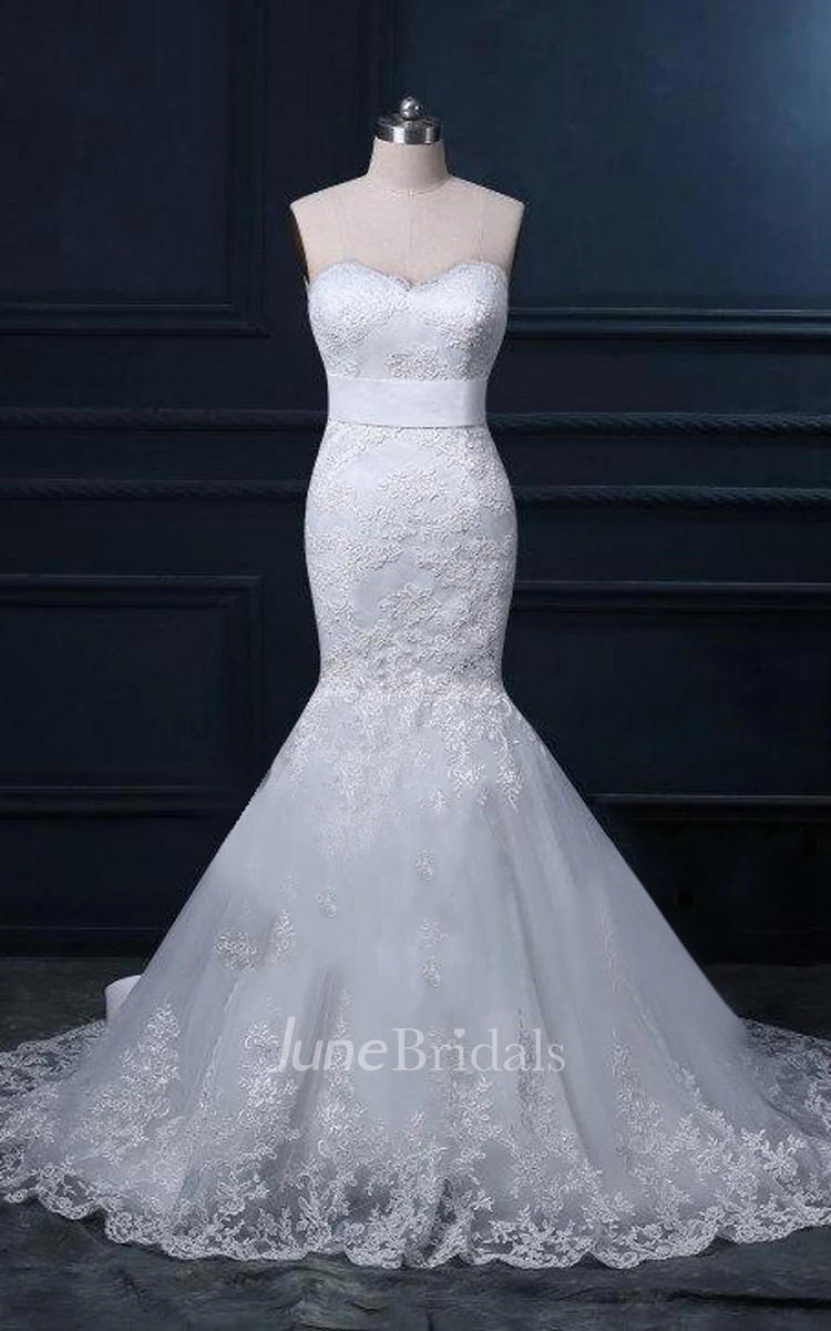 Trumpet Lace Weddig Dress With Sash Ribbon