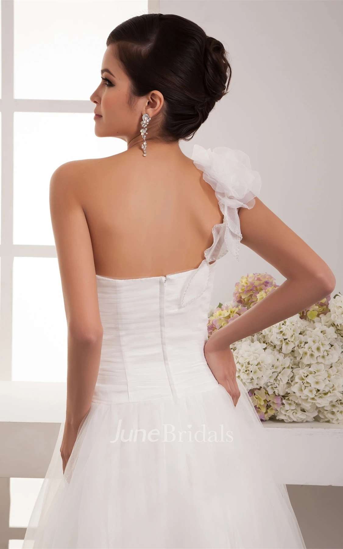 One-Shoulder Tulle A-Line Dress with Ruching and Single Strap