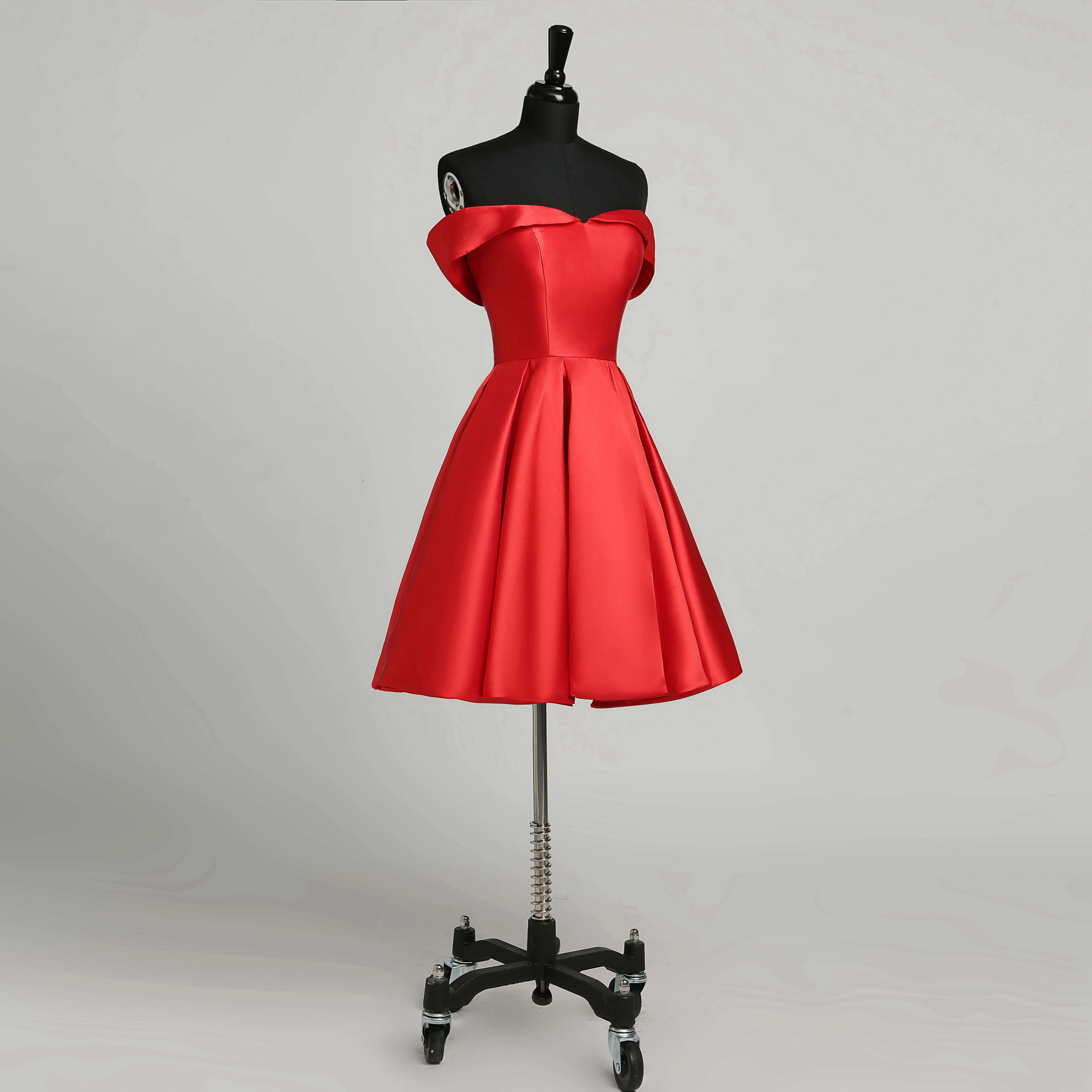 A-Line Off-the-shoulder Satin Elegant Romantic Short Mini Sleeveless Open Back Zipper Dress