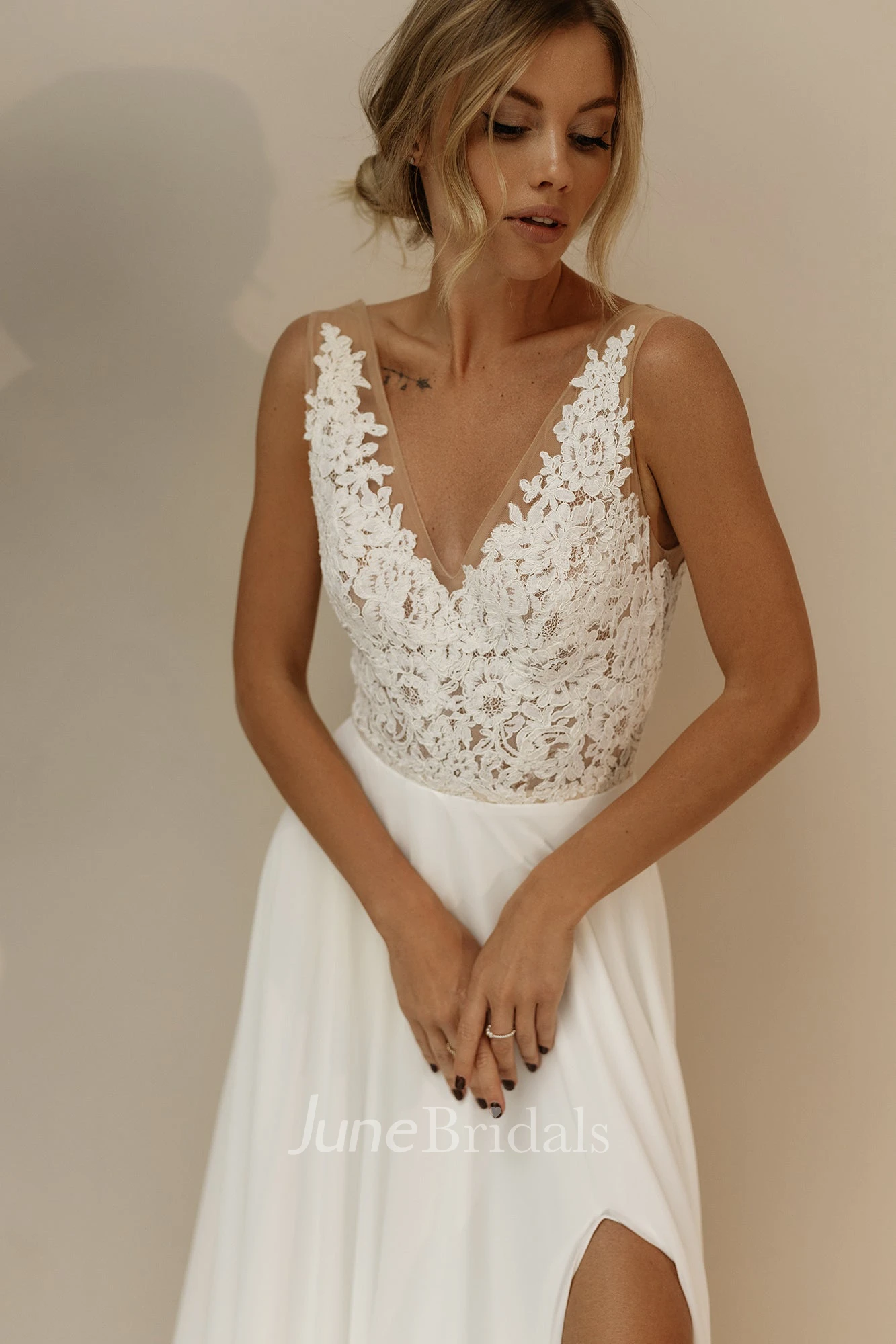 Chiffon A-Line Bohemian V-neck Warm Wedding Dress With Low-V Back And Split Front