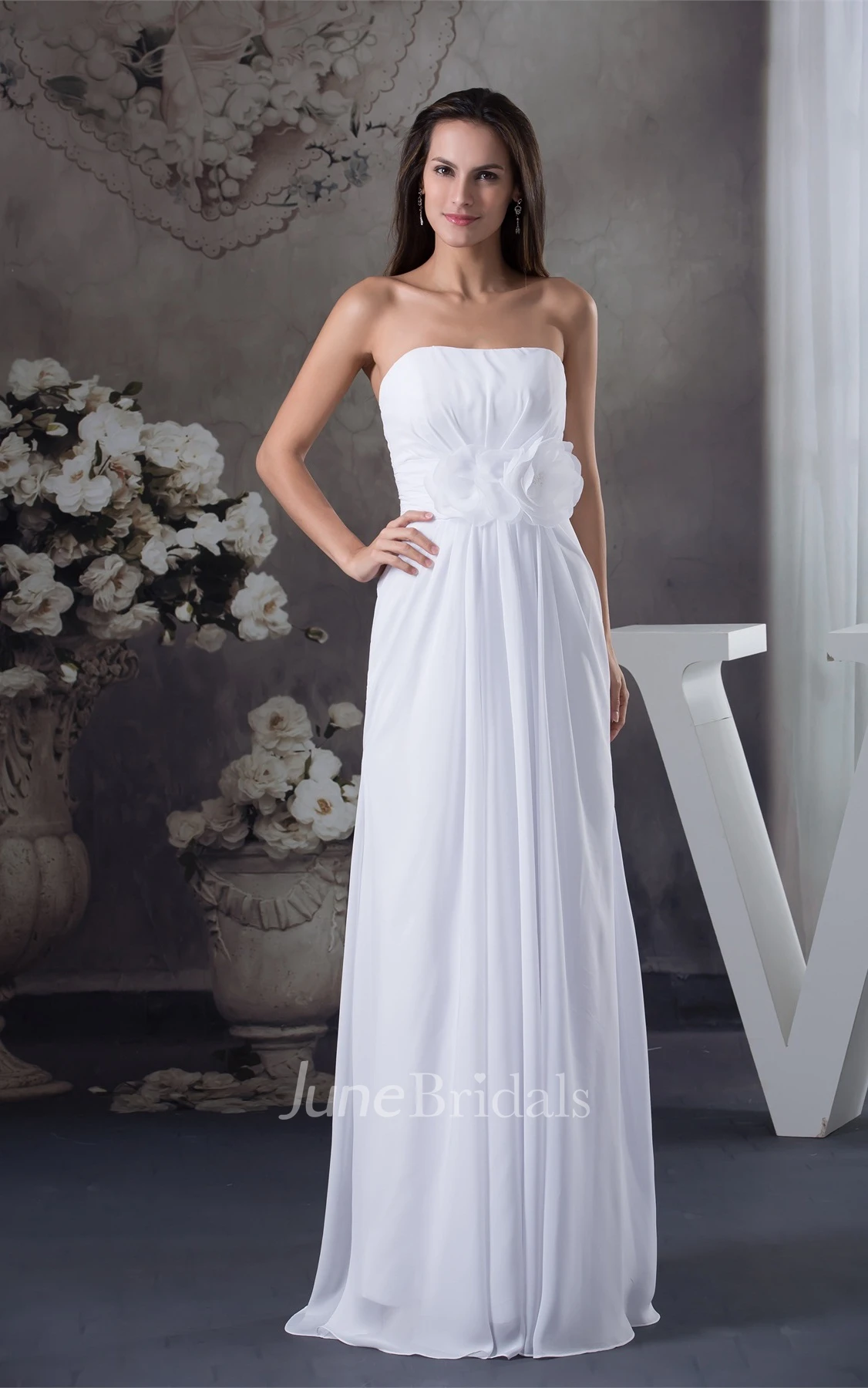 Ethereal A-Line Chiffon Floor-Length Dress with Pleats and Flower