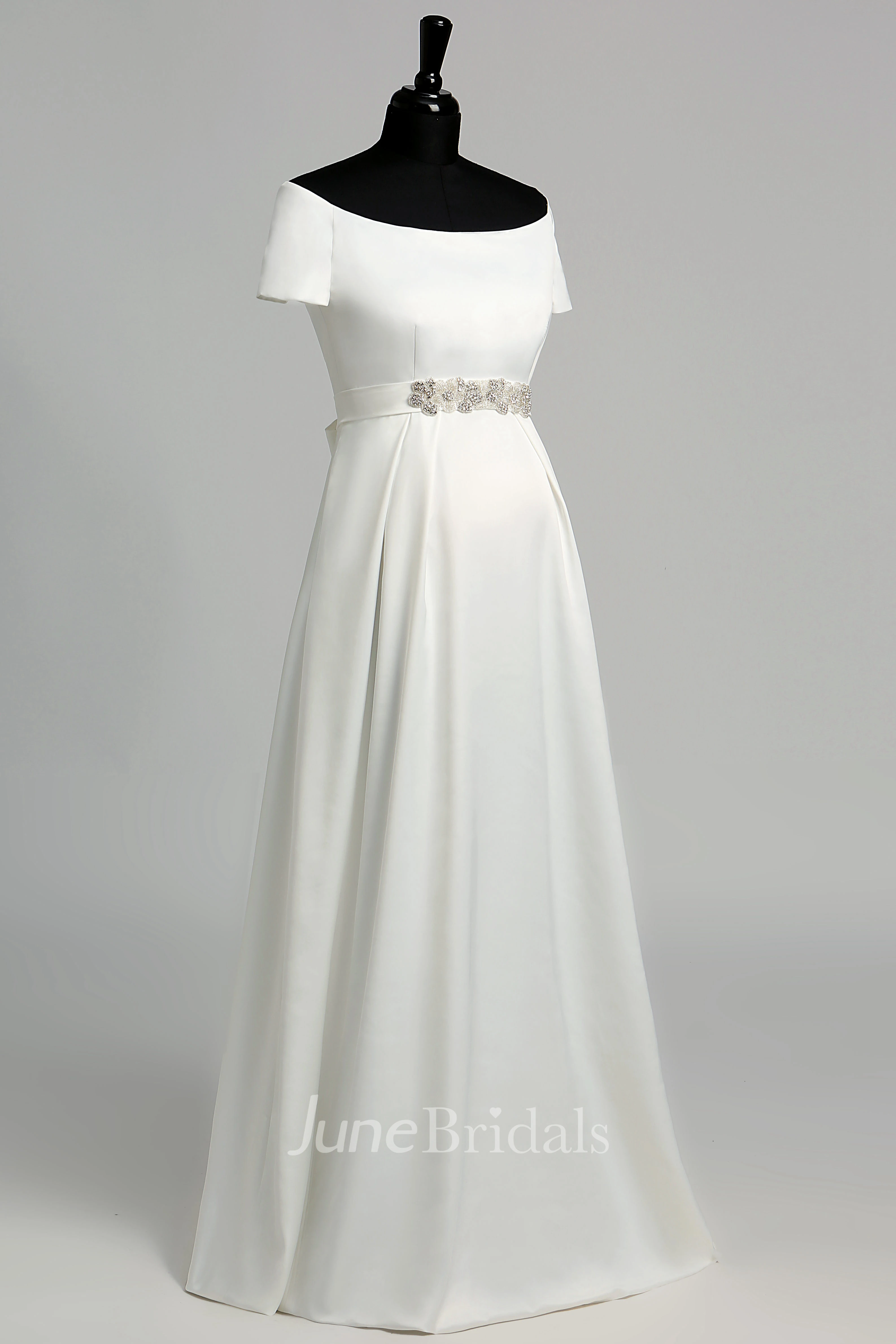 Graceful Off-the-shoulder A-line Beaded Satin Maternity Wedding Dress