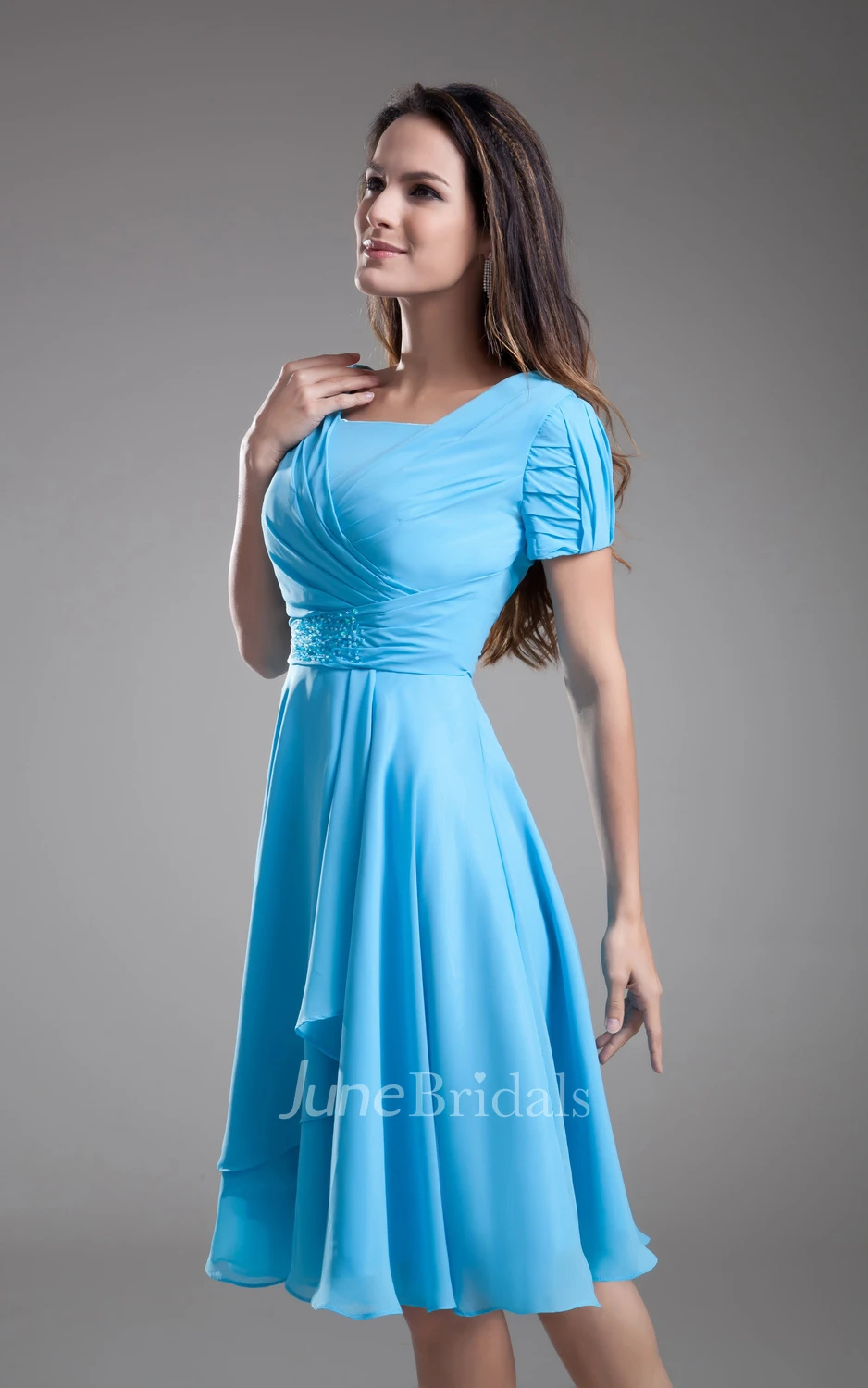 Chiffon Sleeve Square-Neck Midi Dress With Draping