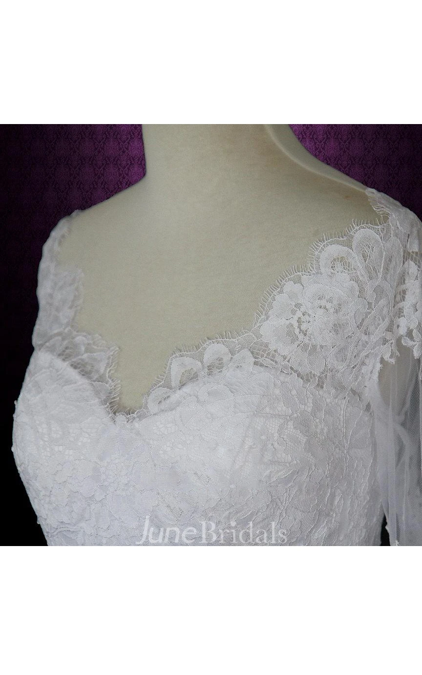 Scalloped Sheath Satin Wedding Dress With Sash And Illusion Sleeve