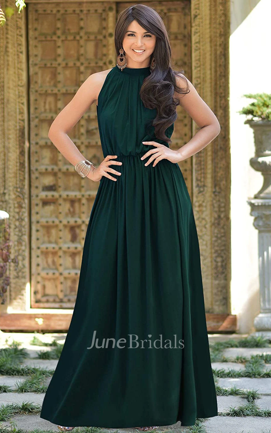 A Line Halter High Neck Chiffon Evening Dress With Ruching