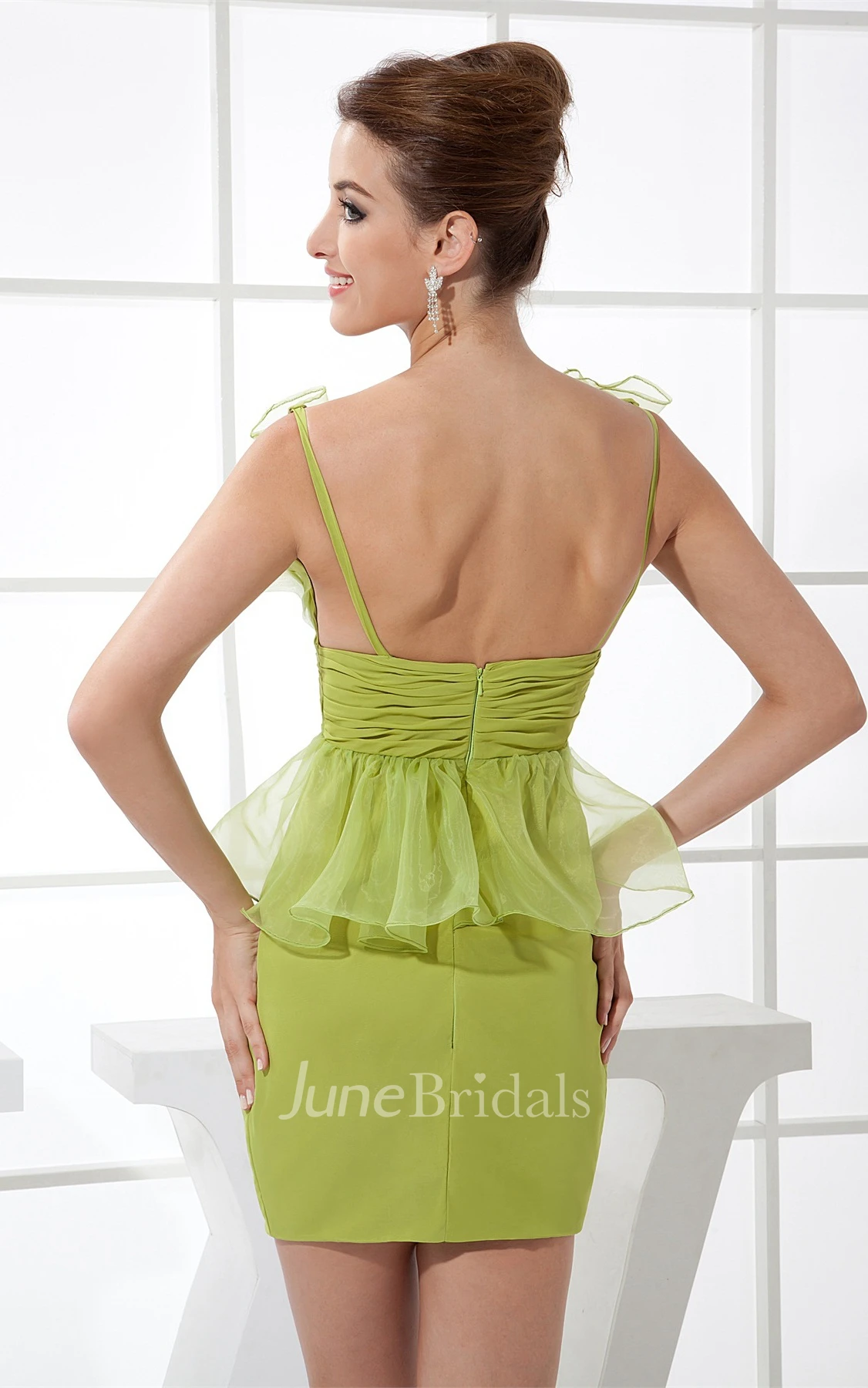 V-Neck Ruched Mini Dress with Ruffles and Peplum