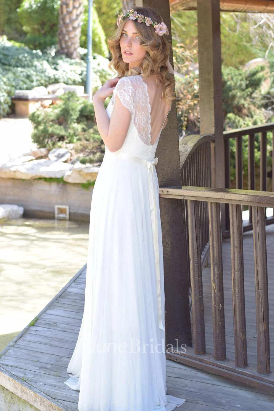 Plunged Lace Cap-Sleeve Chiffon Lace Appliqued Wedding Dress With Ribbon