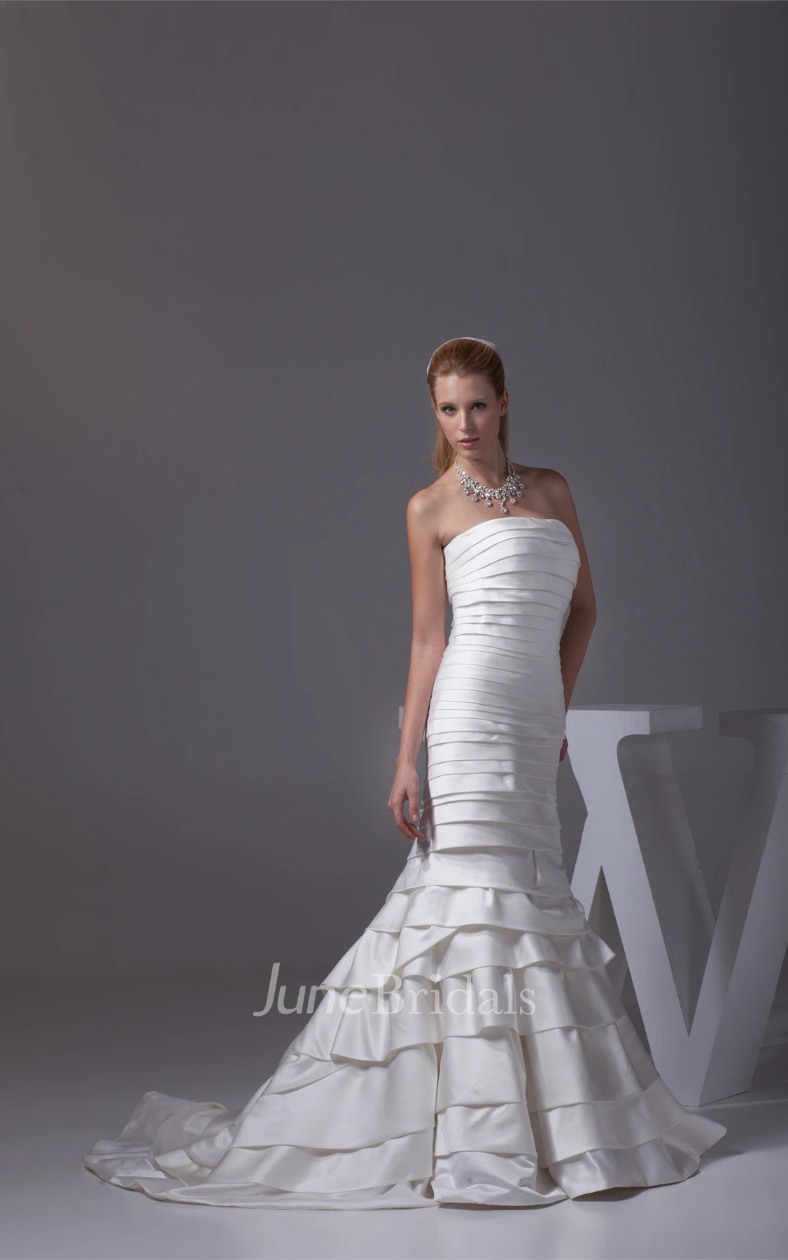 Strapless Mermaid Satin Dress with Ruching and Tiers