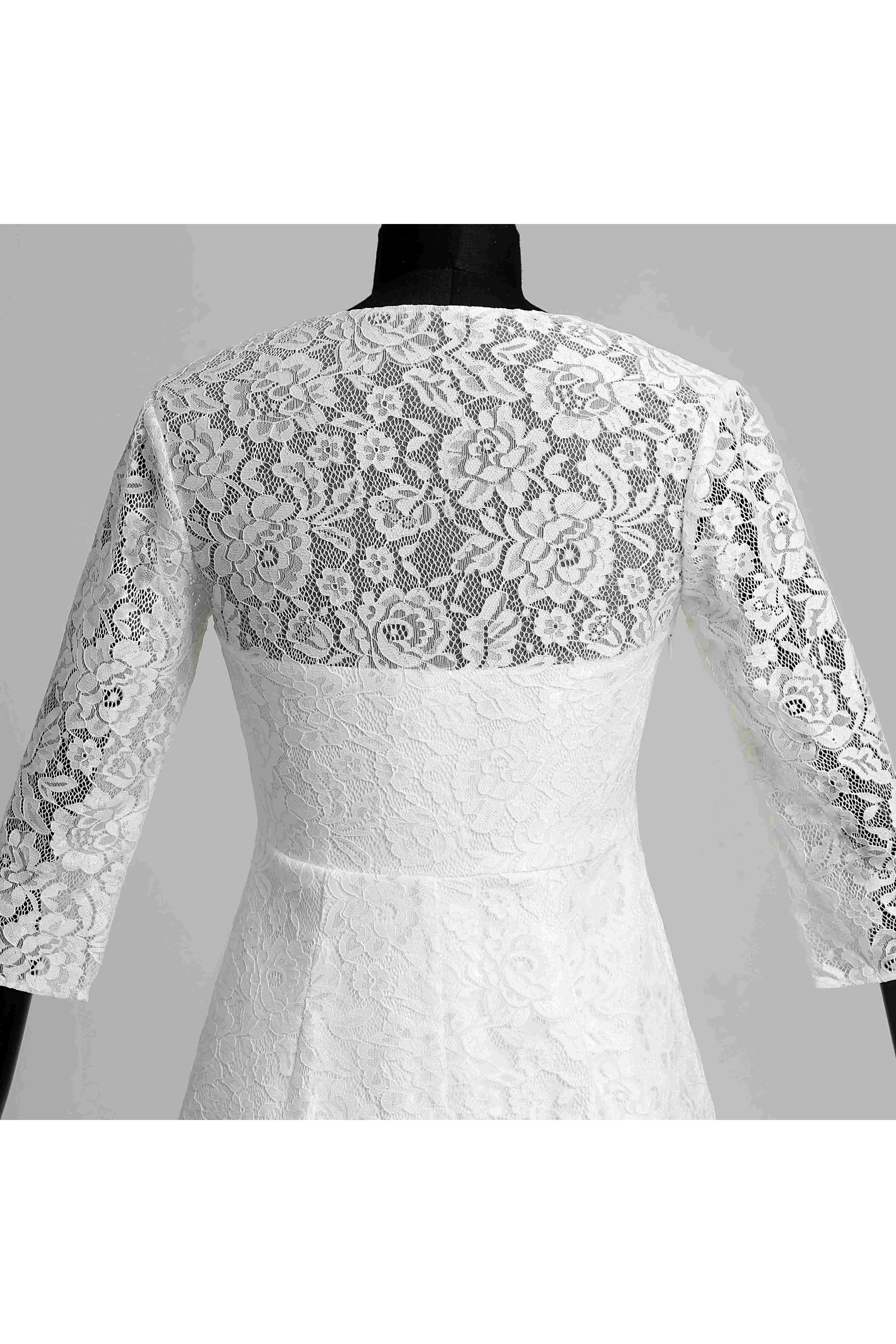 Knee-length A-line V-neck Illusion 3/4 Length Sleeve Illusion Lace Weeding Dress
