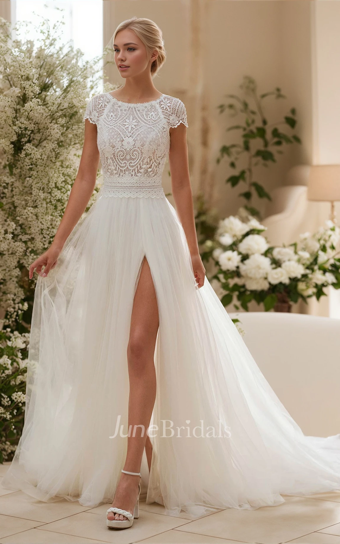 Vintage Elegant A-Line Jewel Neck Lace Tulle Spring Wedding Dress Garden Ethereal Short Sleeve Floor-length Backless Split Front Bridal Gown with Train
