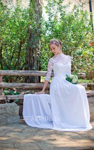 Bohemian Long Wedding White Bridal Lace Ciffon Wedding Gown With Sleeves