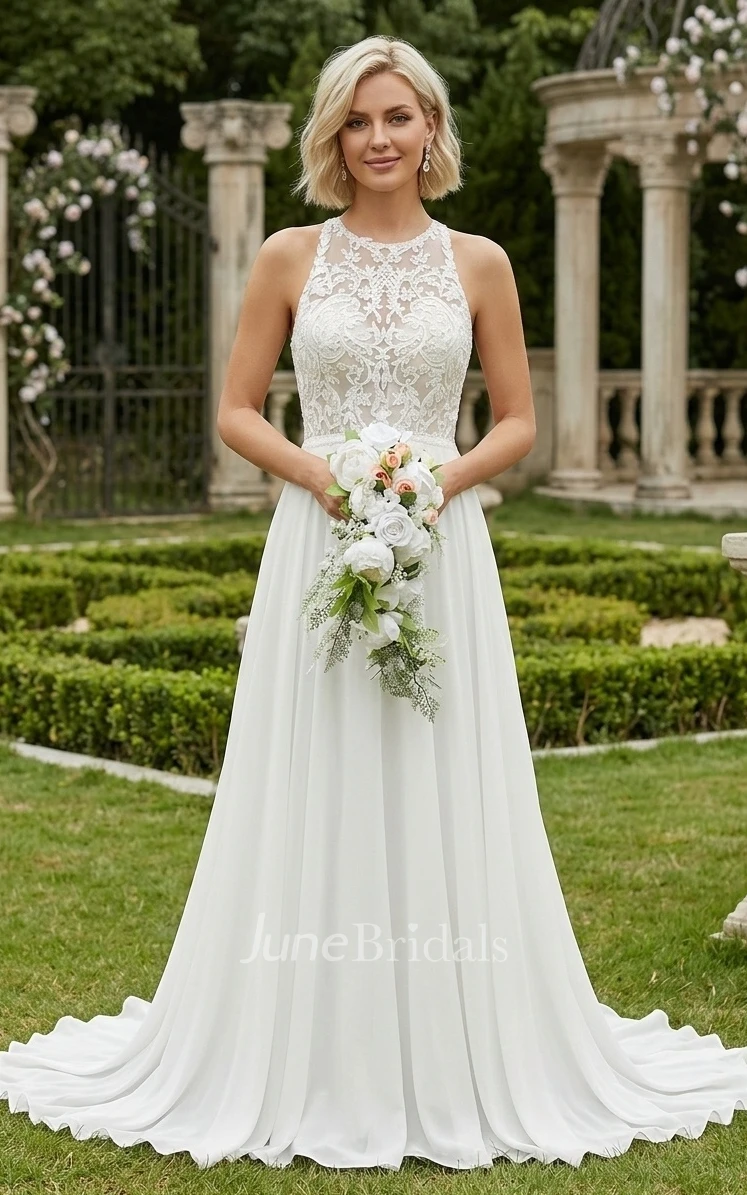 Floral Romantic Boho Lace A-Line Spring Wedding Dress Modest Casual Garden Chiffon Sweep Train Bridal Gown