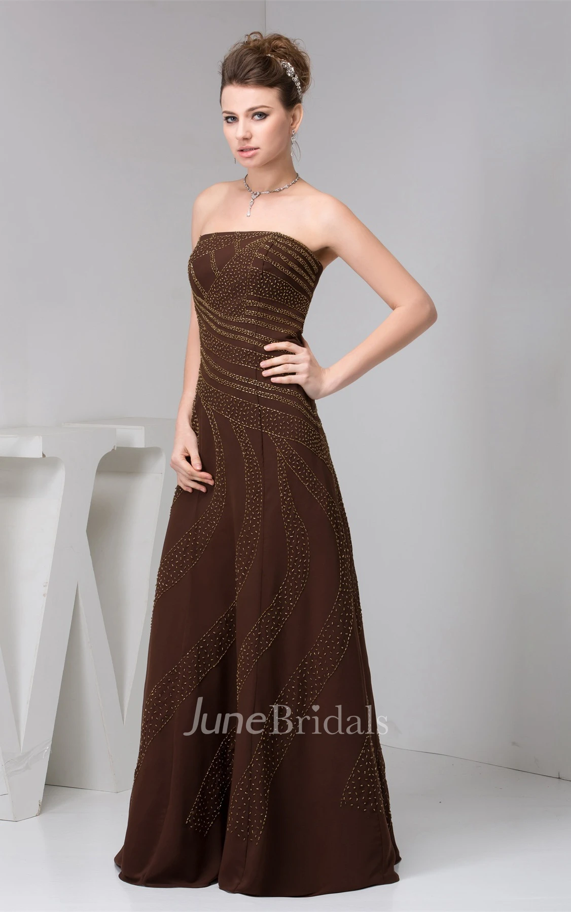 Strapless Chiffon Floor-Length Dress with Beading