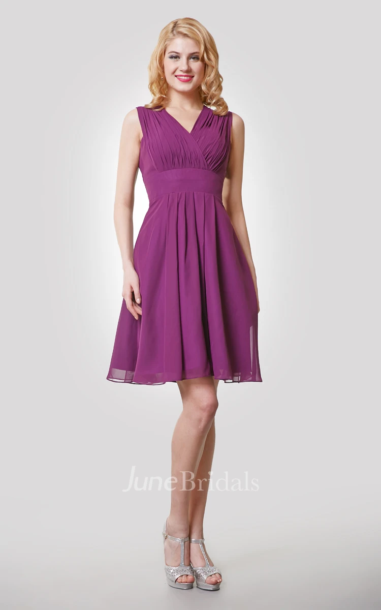 Short A-Line Chiffon Empire Dress With Ruched V-Neck