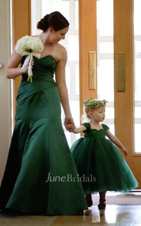 Cap Sleeve Tulle&Satin Dress With Pleats