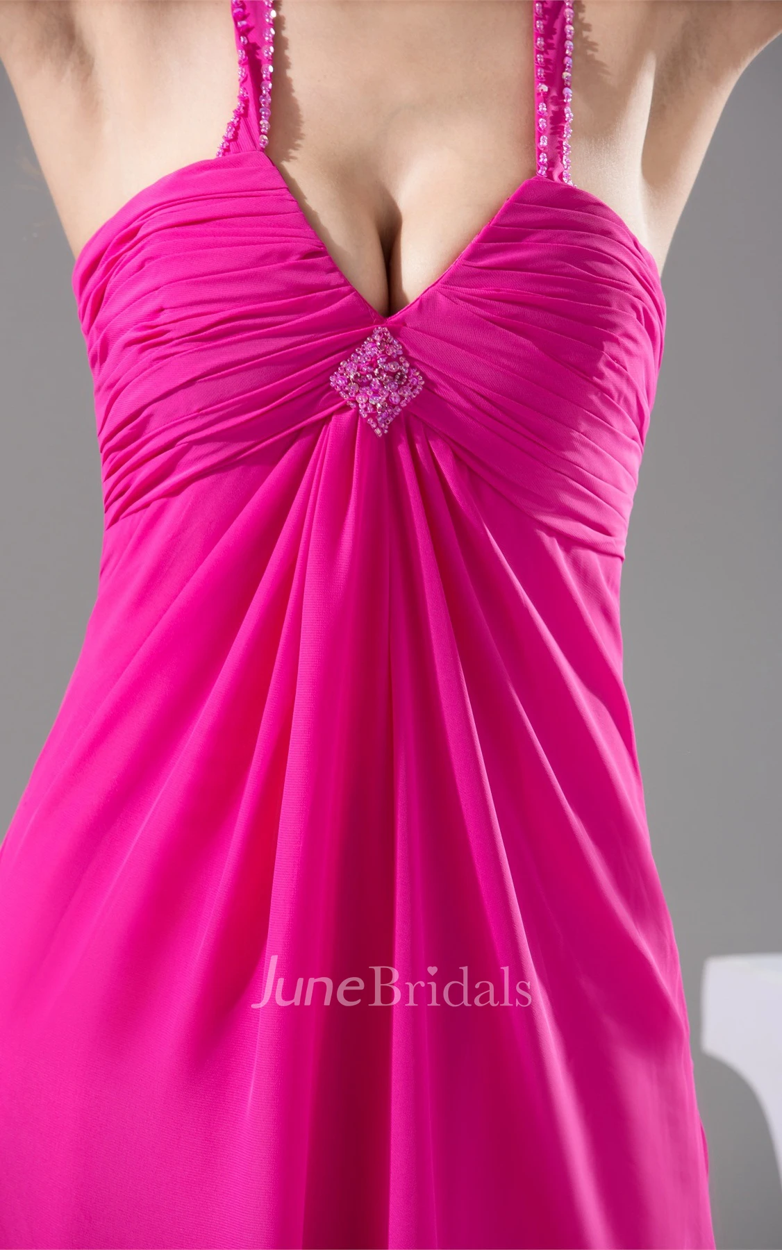 Plunged Criss-Cross Chiffon Maxi Dress with Beading and Broach
