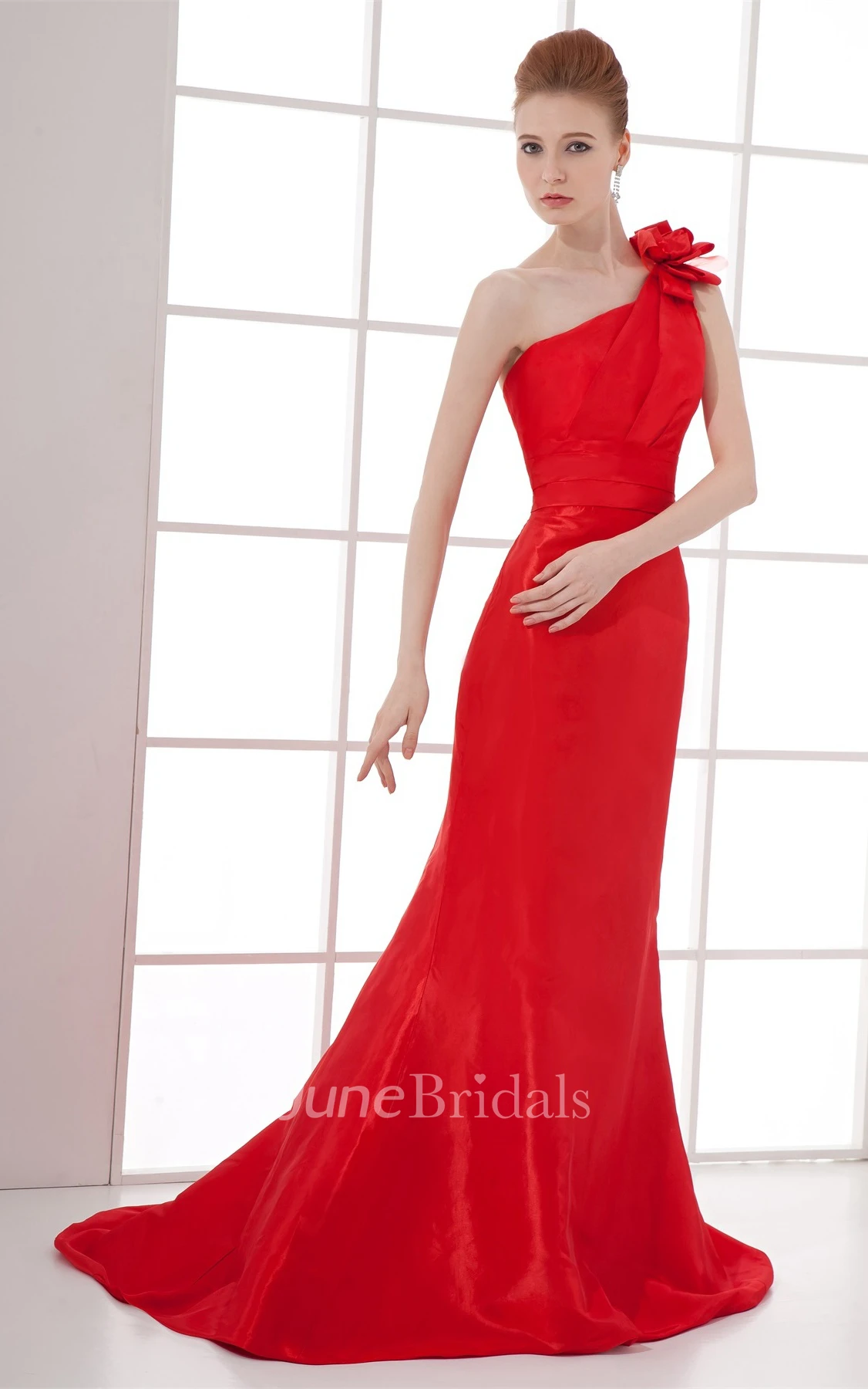 one-shoulder floor-length trumpet dress with floral el