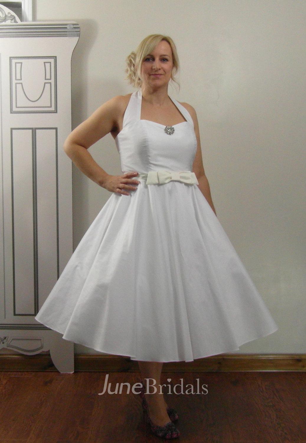 Rockabilly Tea Length Halter Neck Taffeta Wedding Dress With Bow