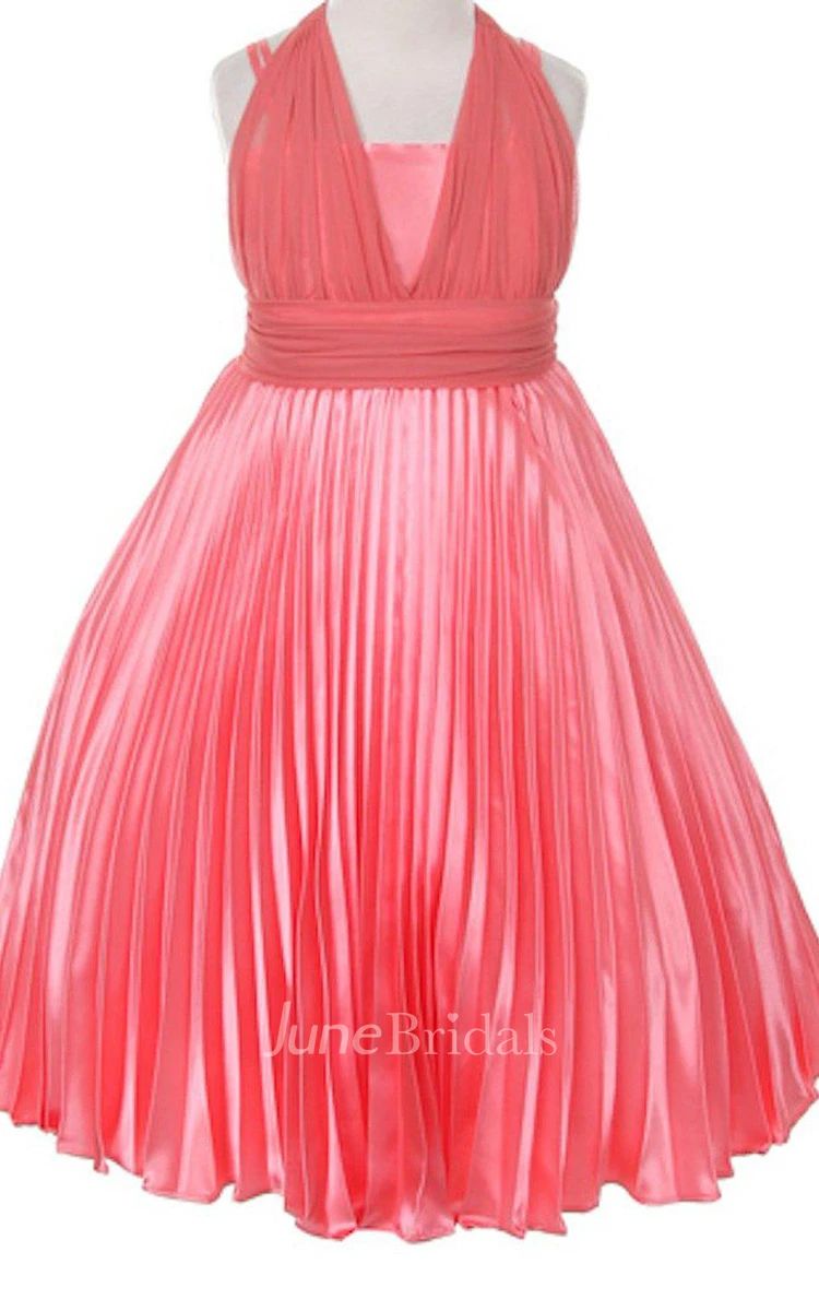 Sleeveless A-line Pleated Dress With Straps and Bow