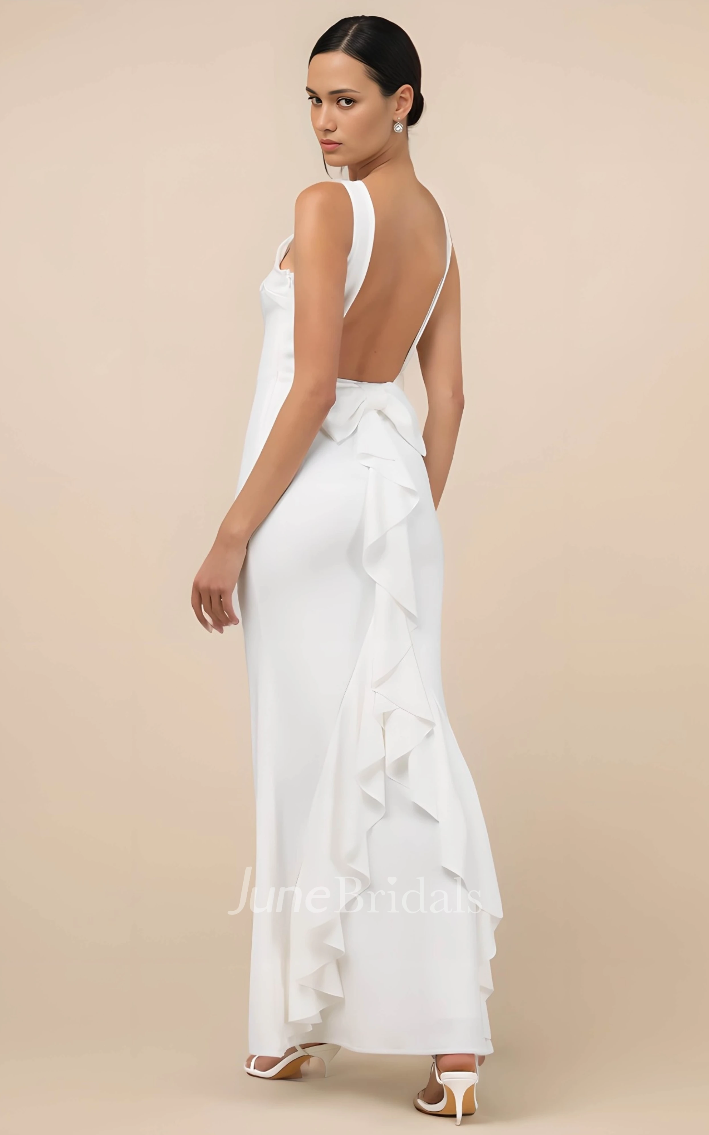 Bohemian Simple A-Line Sleeveless Maxi Spring Wedding Dress Solid Casual Bateau Bow Ruffled Bridal Gown