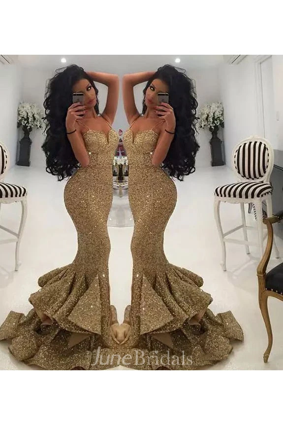 Straps Neck SweetheartMermaid Trumpet Sequins Sexy Floor-length Sleeveless Beading Sequins Evening Dress