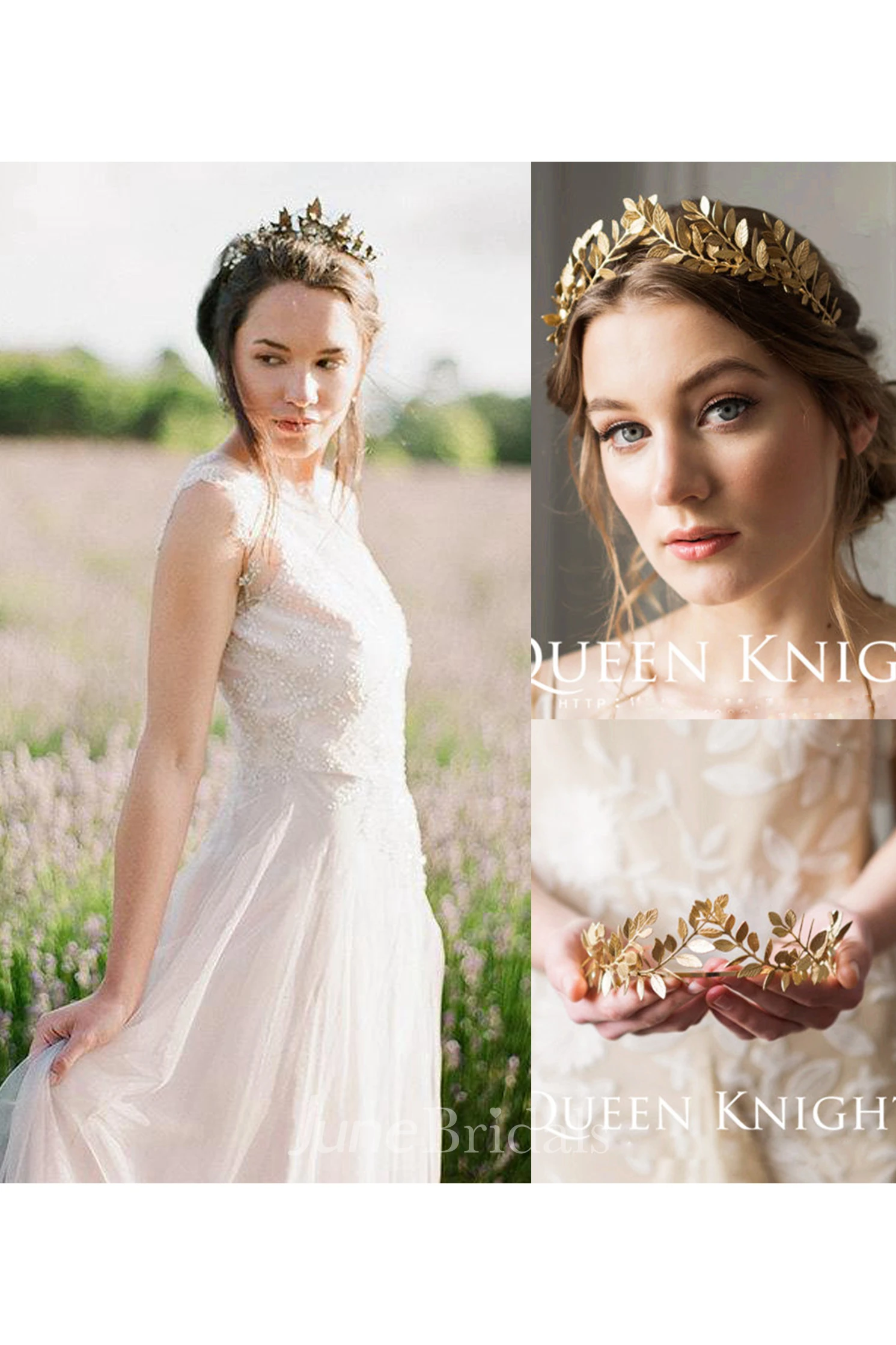 Jewel Neck Sleeveless Long Tulle Wedding Dress With Beading and Western Style Vintage Handmade Laurel Olive Gold Hair Hoop Crown