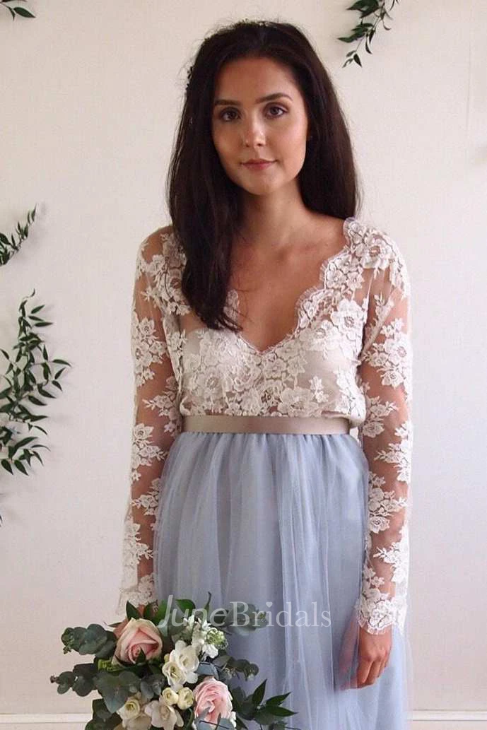 Deep-V Back Illusion Long Sleeve Appliqued Tulle Dress