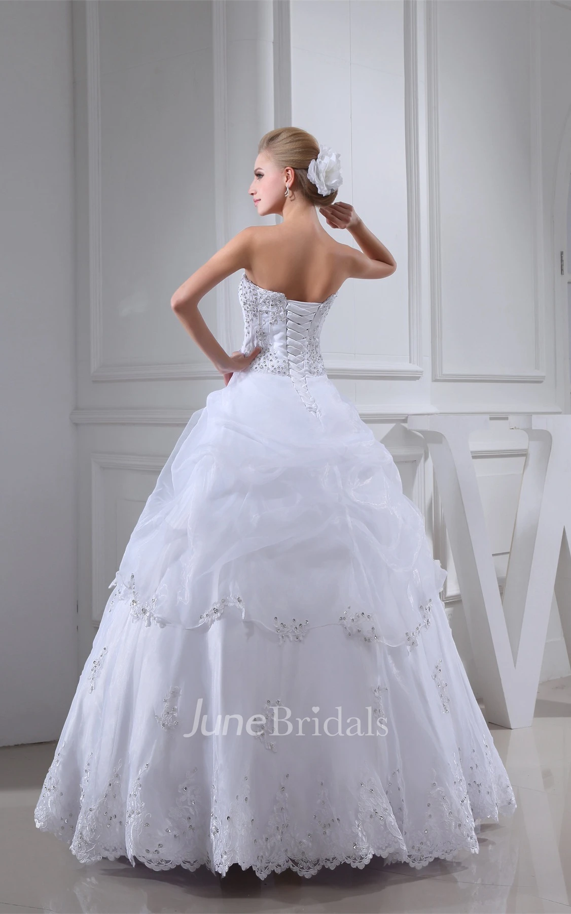 Strapless A-Line Pick-Up Ball Gown with Appliques and Beading