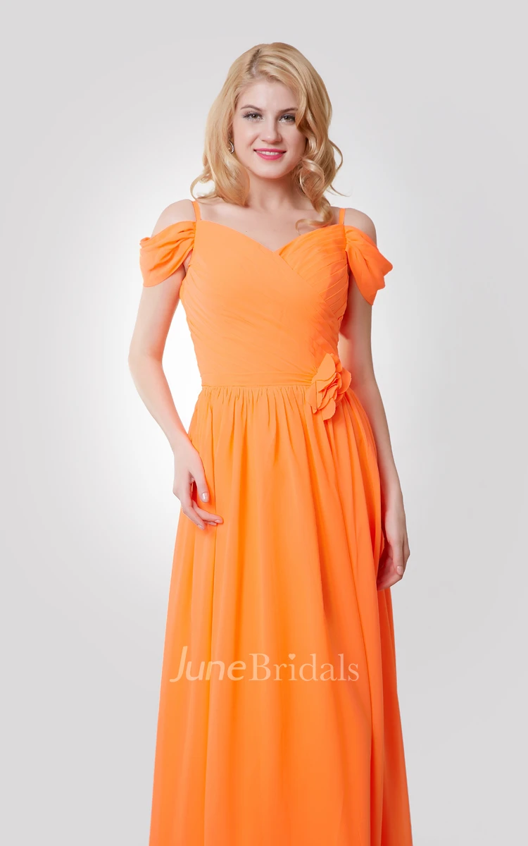 Off-The-Shoulder Floor Length Chiffon Dress With Flower and Ruching