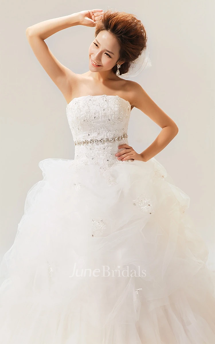 Intricate Strapless Ruffled Ball Gown With Crystal Detailing