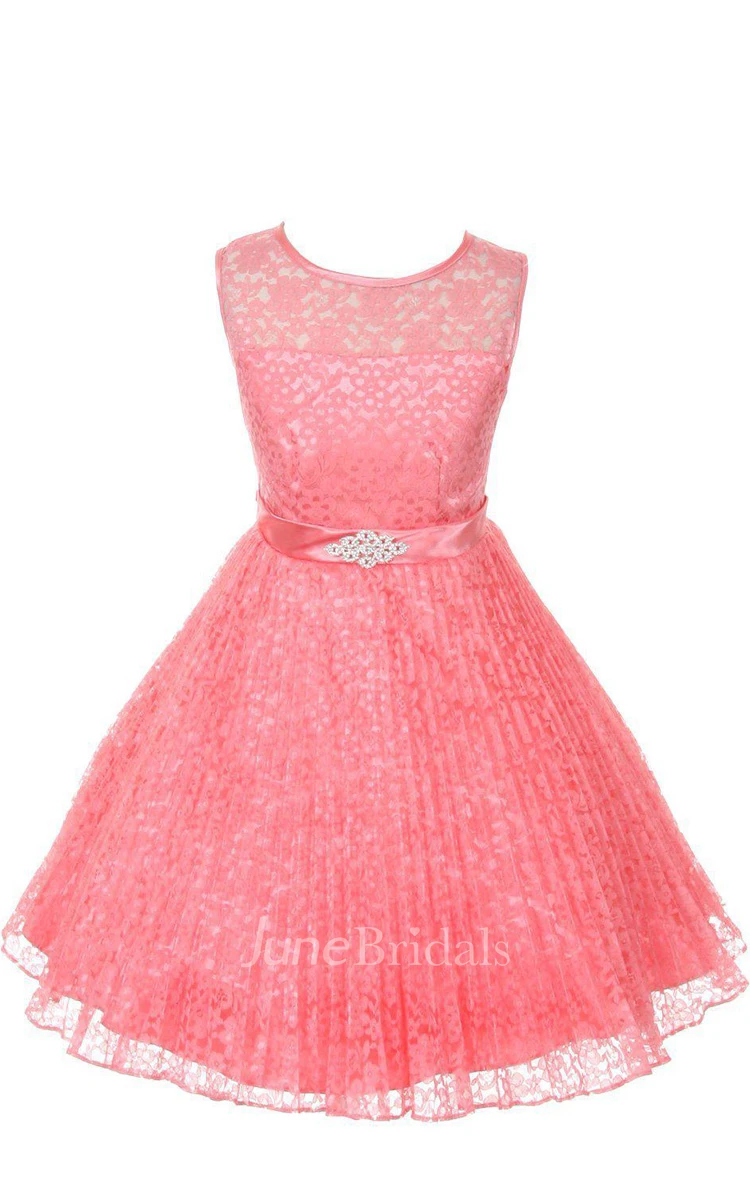A-line Sleeveless Jewel Neck Lace Dress With Satin Belt