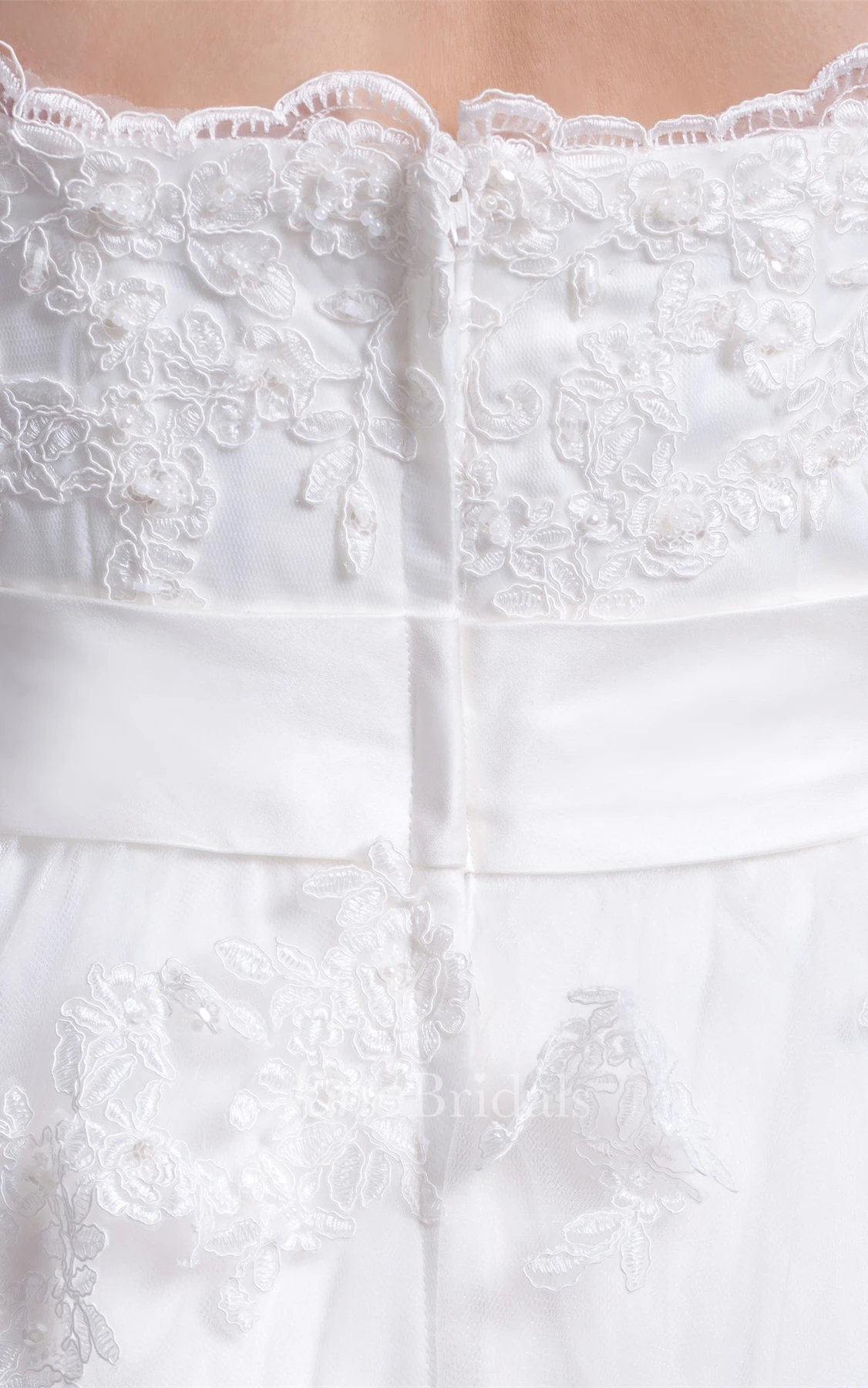 strapless appliqued a-line dress with court train and tulle