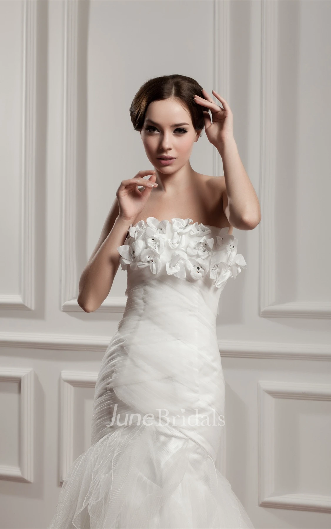 Strapless Mermaid Tulle Dress with Ruffles and Flower