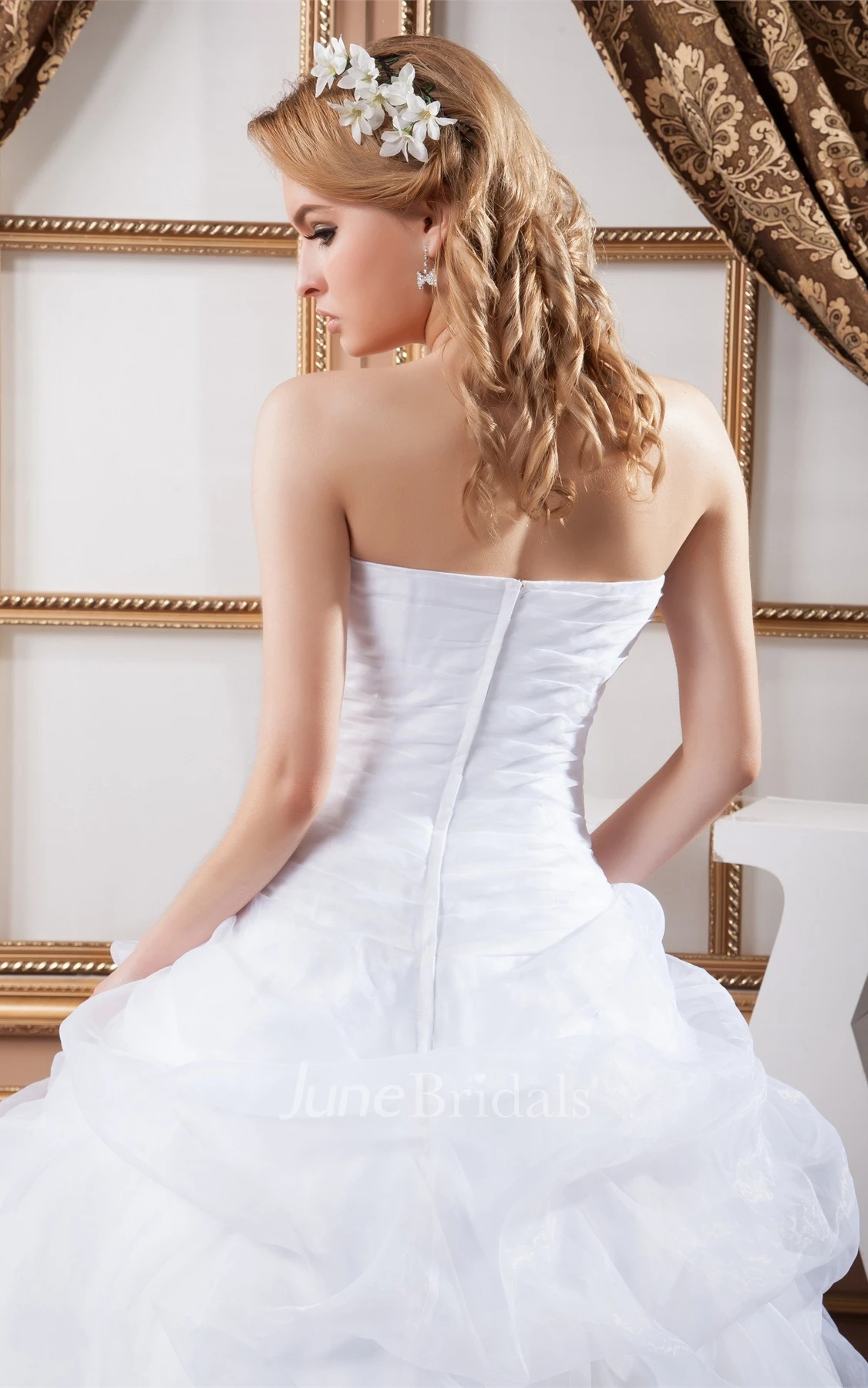 Strapless Ruffled Ball Gown with Appliques and Pleats