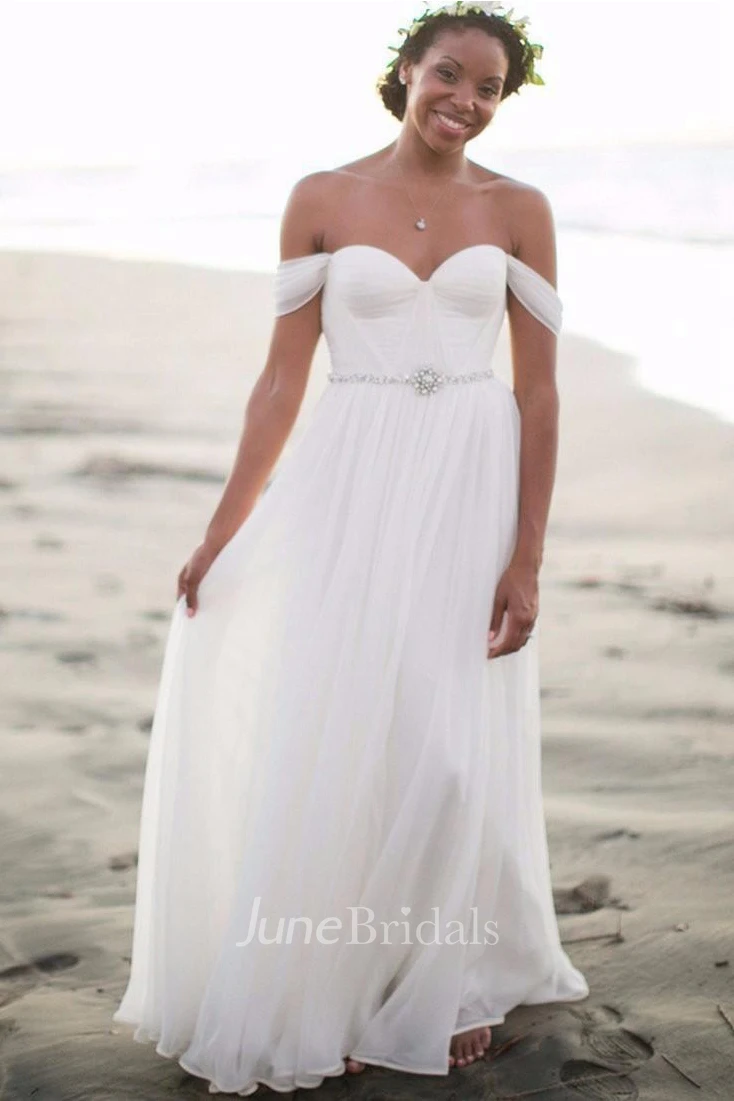 Newest White Off-the-shoulder Chiffon Wedding Dress With Beadings