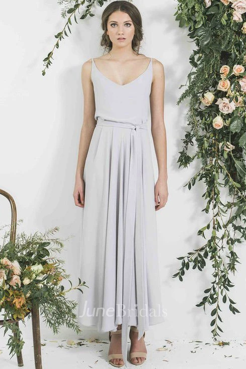 Ankle-Length Sleeveless Spaghetti Pleated Chiffon Bridesmaid Dress