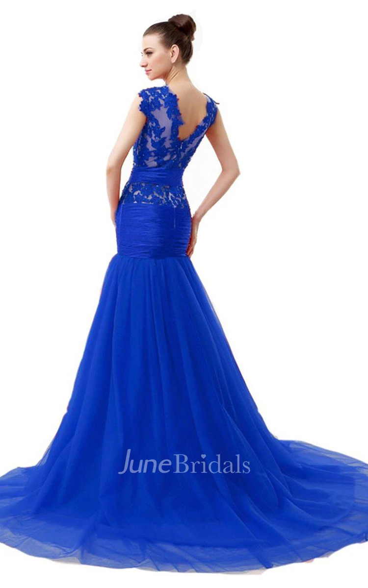 Cap-sleeved Trumpet Dress With Lace Illusion Style