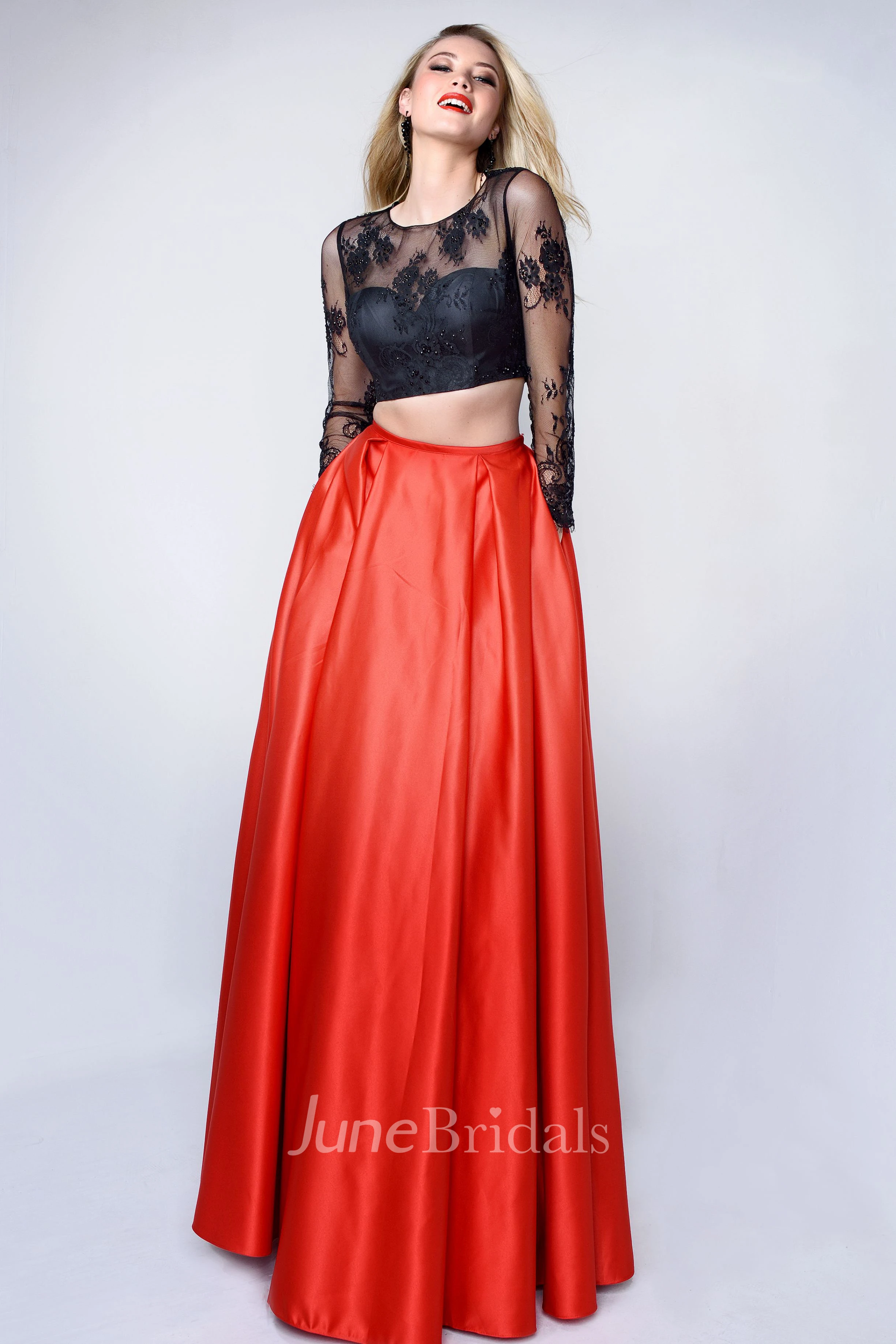 Two-Piece A-Line Scoop-Neck Long Sleeve Satin Keyhole Dress With Lace And Appliques