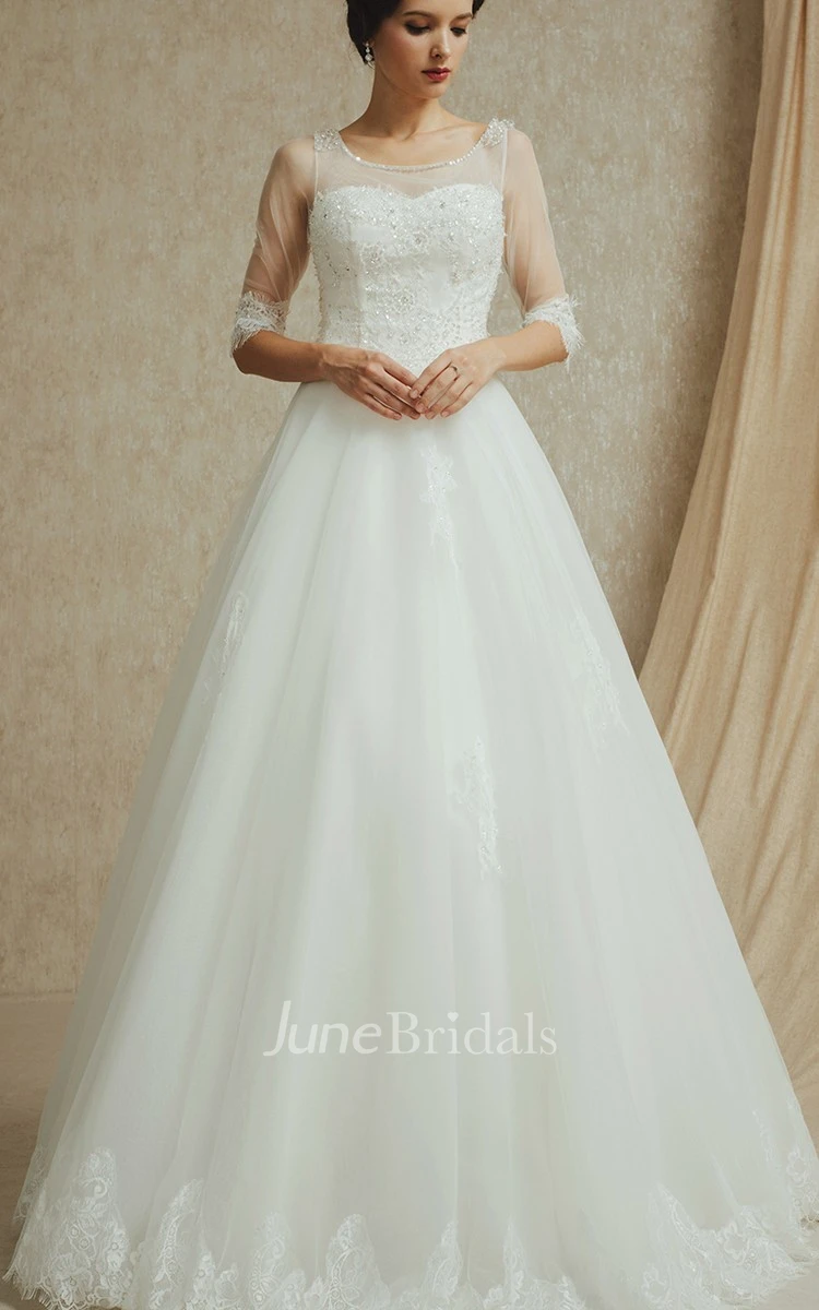 Noble 3 4 Sleeve A-line Organza and English Net Gown With Beading