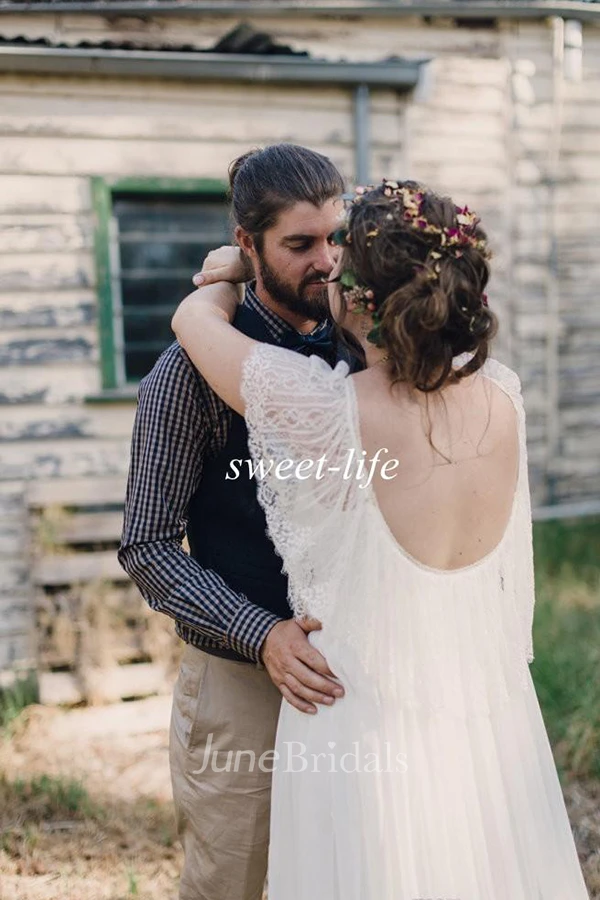 Bohemian Plus Size Lace Short Sleeves Scoop Open Back Warm Wedding Dress