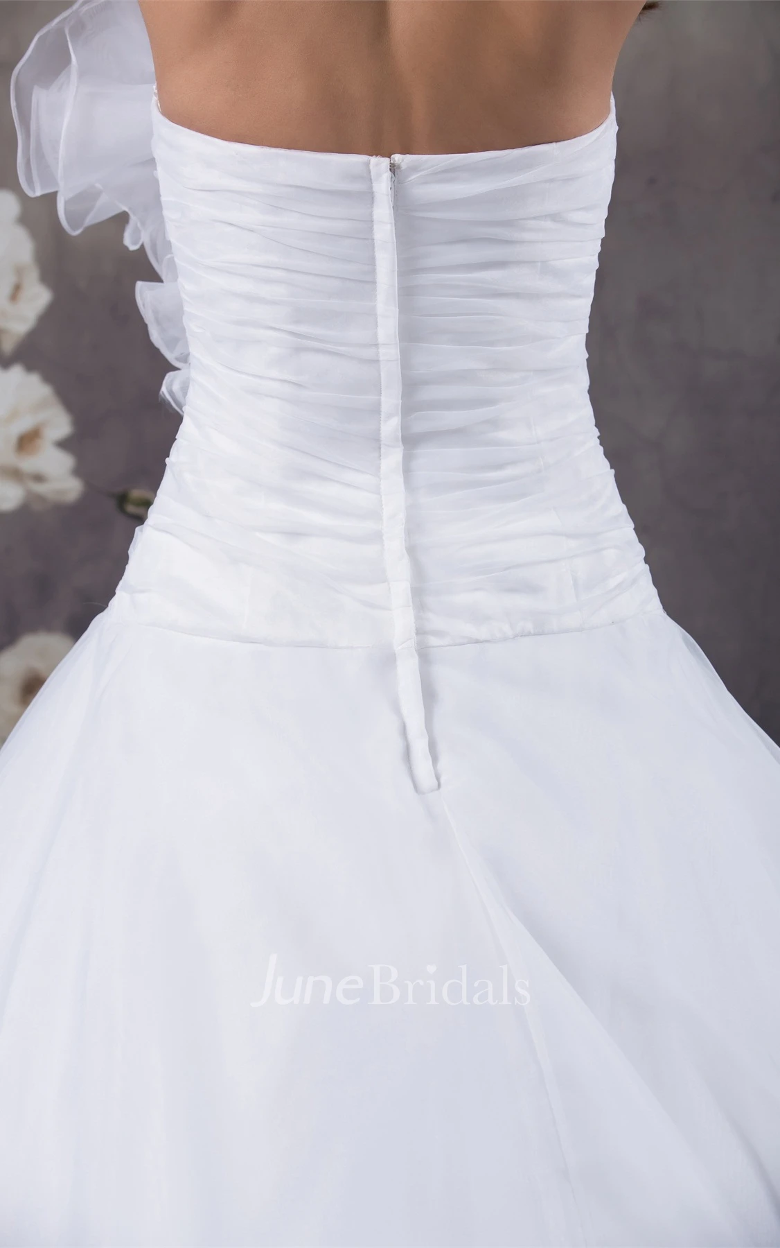 Strapless Ruched Pick-Up Gown with Flower and Ribbon