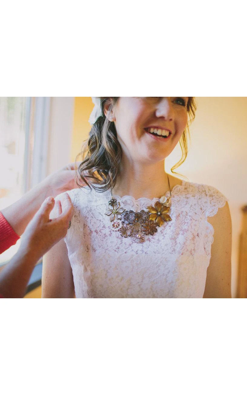 Scalloped Cap Low-V Back Lace Wedding Dress With Sash And Flower