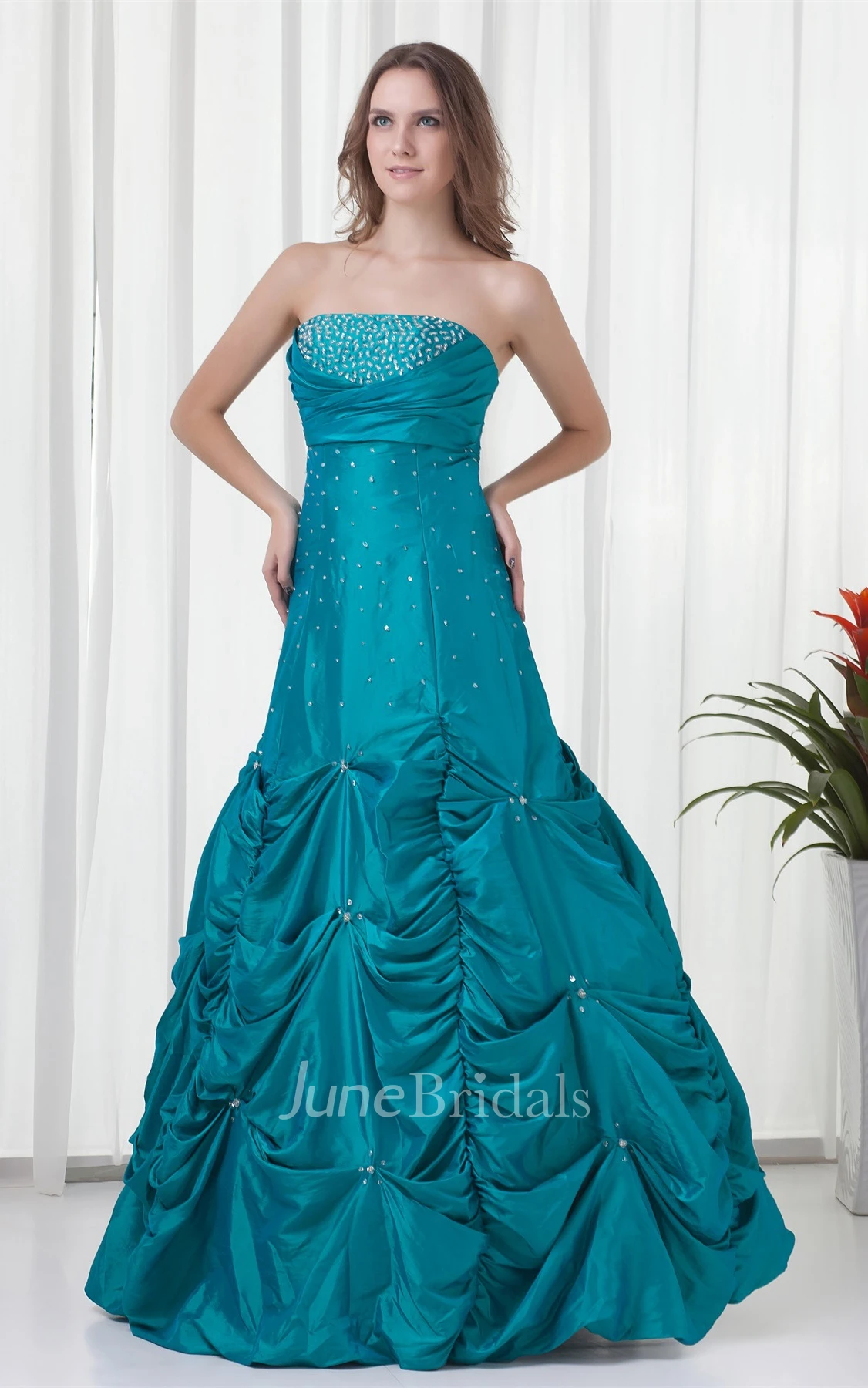 Strapless Beaded Pick-Up Gown with Buckle and Ruching